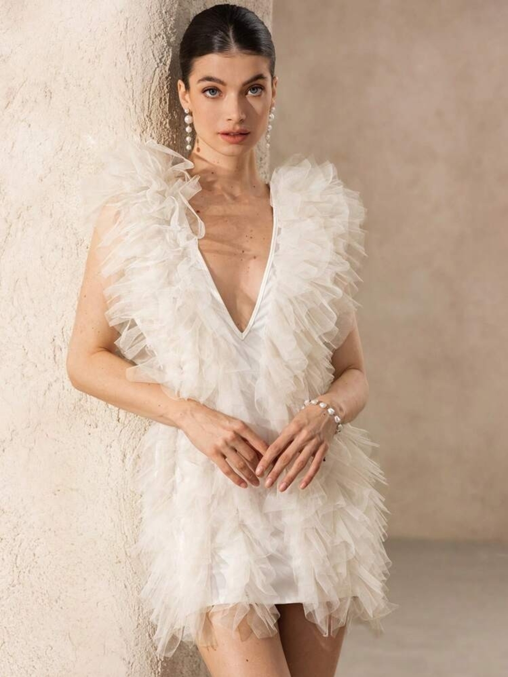 Ruffled Deep V-Neck Tulle Mini Dress Size XL Frills Ivory Dramatic Fairycore